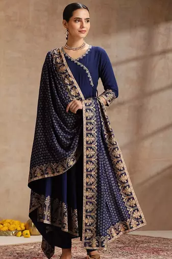 Navy-blue rayon embroidered kurta set
