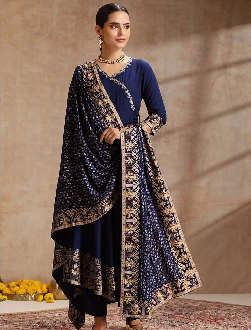 Navy-blue rayon embroidered kurta set
