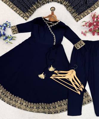 Navy-blue rayon embroidered kurta set 3