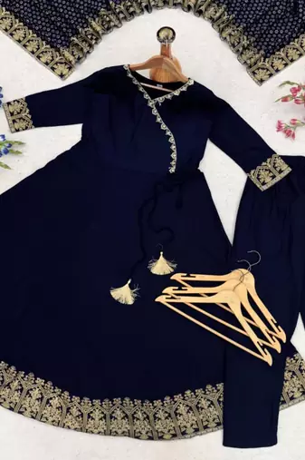 Navy-blue rayon embroidered kurta set