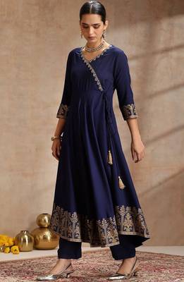 Navy-blue rayon embroidered kurta set 4