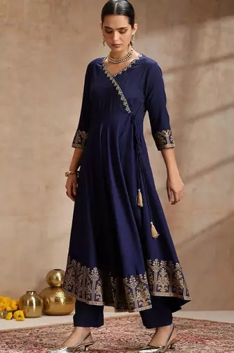 Navy-blue rayon embroidered kurta set