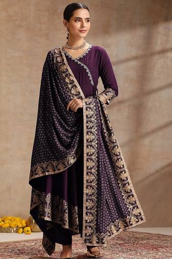 Purple rayon embroidered kurta set