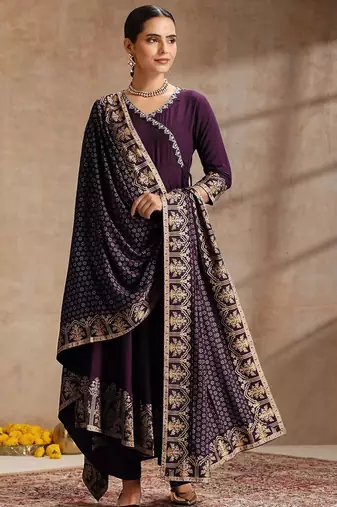 Purple rayon embroidered kurta set
