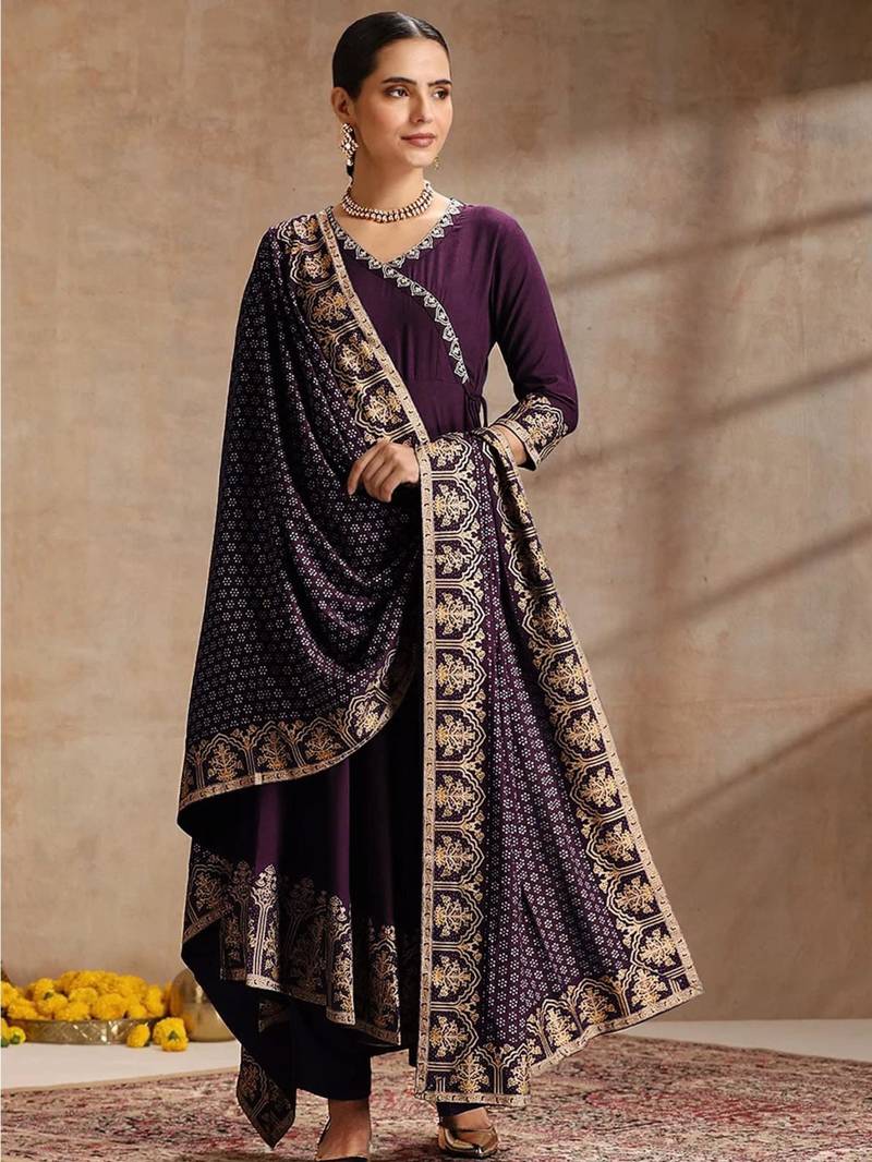 Purple rayon embroidered kurta set