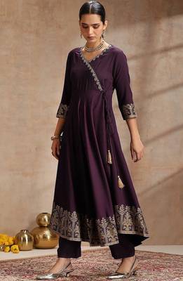 Purple rayon embroidered kurta set 2