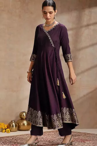 Purple rayon embroidered kurta set
