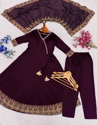 Purple rayon embroidered kurta set 3