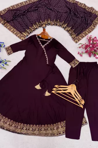 Purple rayon embroidered kurta set