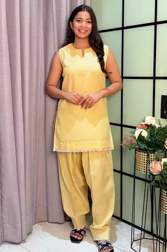 Yellow cotton poly lace farshi salwar set