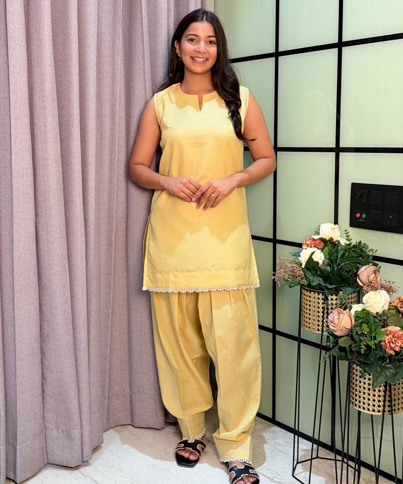 Yellow cotton poly lace farshi salwar set