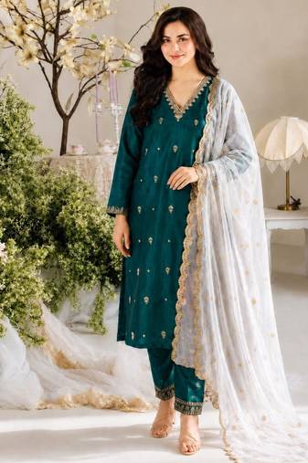 Teal silk blend embroidered kurta set