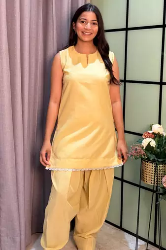 Yellow cotton poly lace farshi salwar set