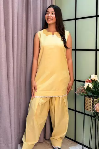 Yellow cotton poly lace farshi salwar set
