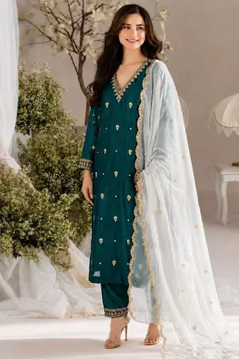Teal silk blend embroidered kurta set