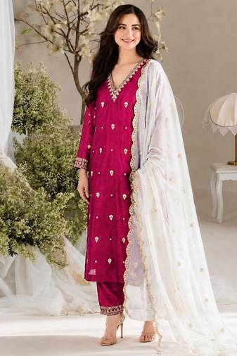 Rani-pink silk blend embroidered kurta set