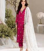 Rani-pink silk blend embroidered kurta set