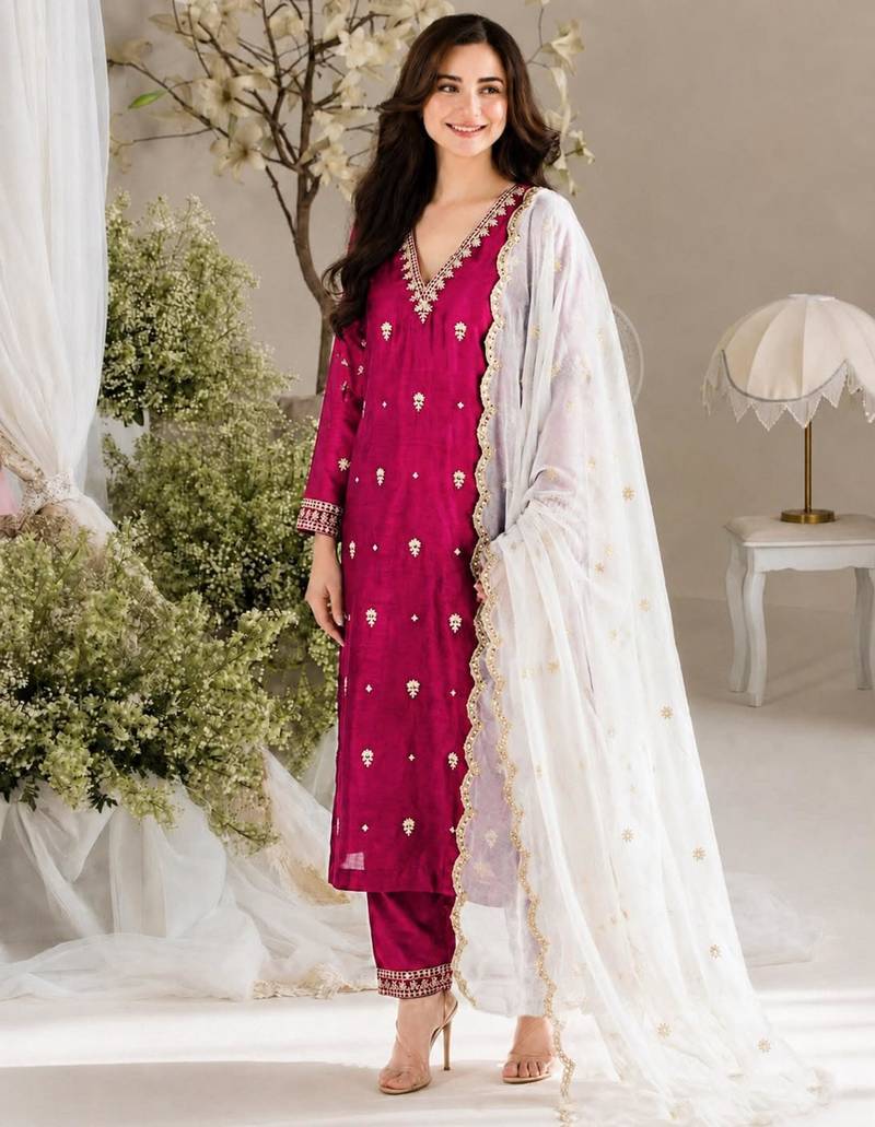 Rani-pink silk blend embroidered kurta set