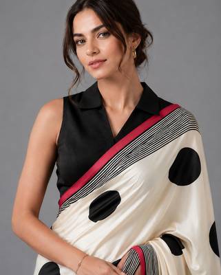 Beige printed satin saree with blouse 2