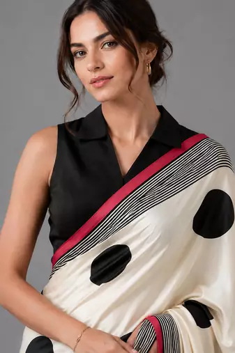 Beige printed satin saree with blouse