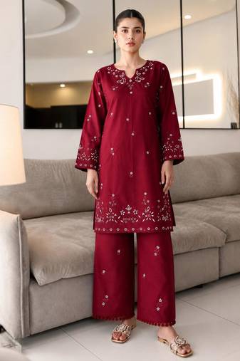 Maroon cotton poly embroidered palazzo set