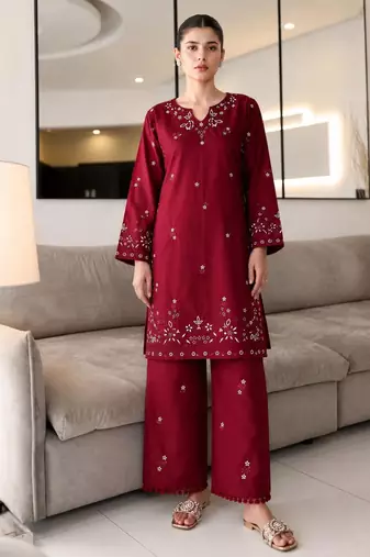 Maroon cotton poly embroidered palazzo set