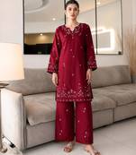 Maroon cotton poly embroidered palazzo set