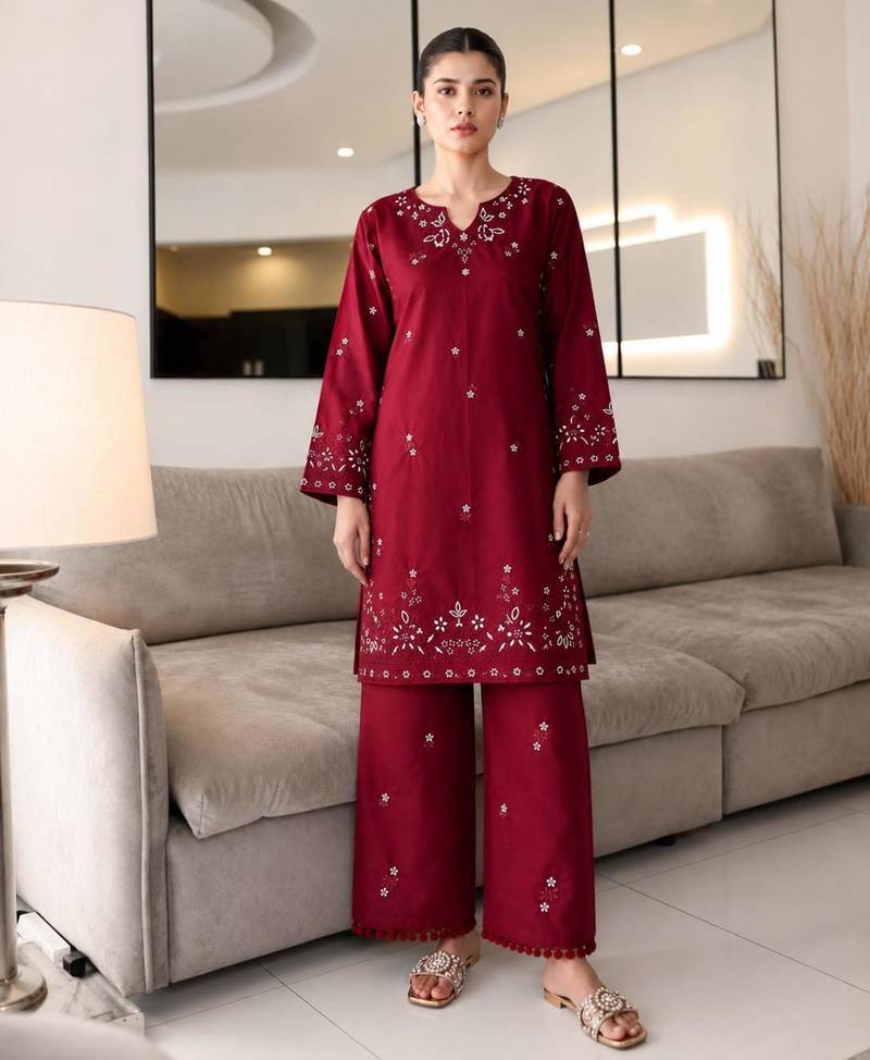 Maroon cotton poly embroidered palazzo set