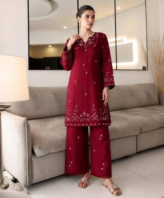 Maroon cotton poly embroidered palazzo set 2