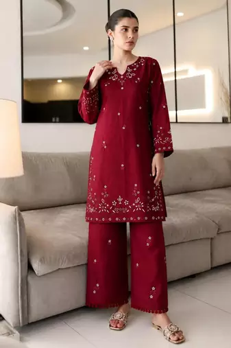 Maroon cotton poly embroidered palazzo set