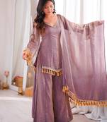Purple cotton poly mirror work palazzo set
