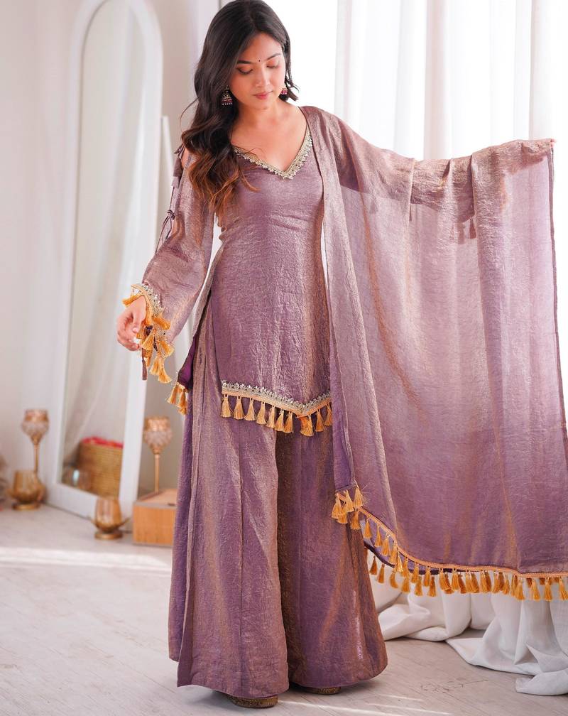Purple cotton poly mirror work palazzo set