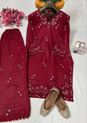 Maroon cotton poly embroidered palazzo set 3
