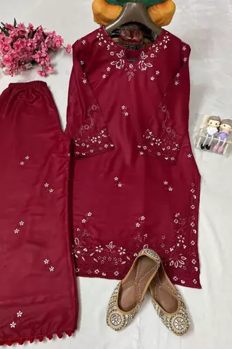 Maroon cotton poly embroidered palazzo set