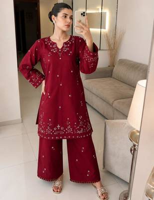 Maroon cotton poly embroidered palazzo set 4