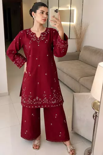 Maroon cotton poly embroidered palazzo set