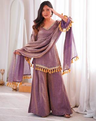 Purple cotton poly mirror work palazzo set 3