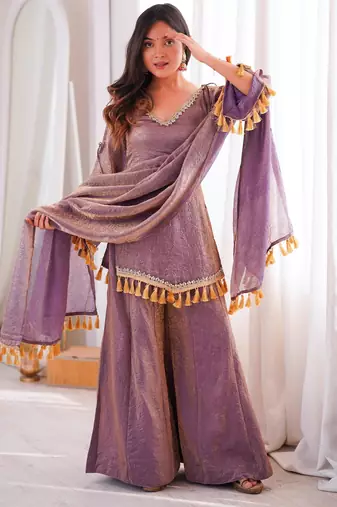 Purple cotton poly mirror work palazzo set