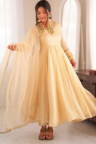 Cream silk blend mirror work flared gown set