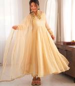 Cream silk blend mirror work flared gown set