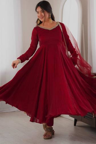 Maroon silk blend mirror work flared gown set