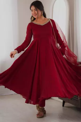 Maroon silk blend mirror work flared gown set
