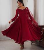 Maroon silk blend mirror work flared gown set