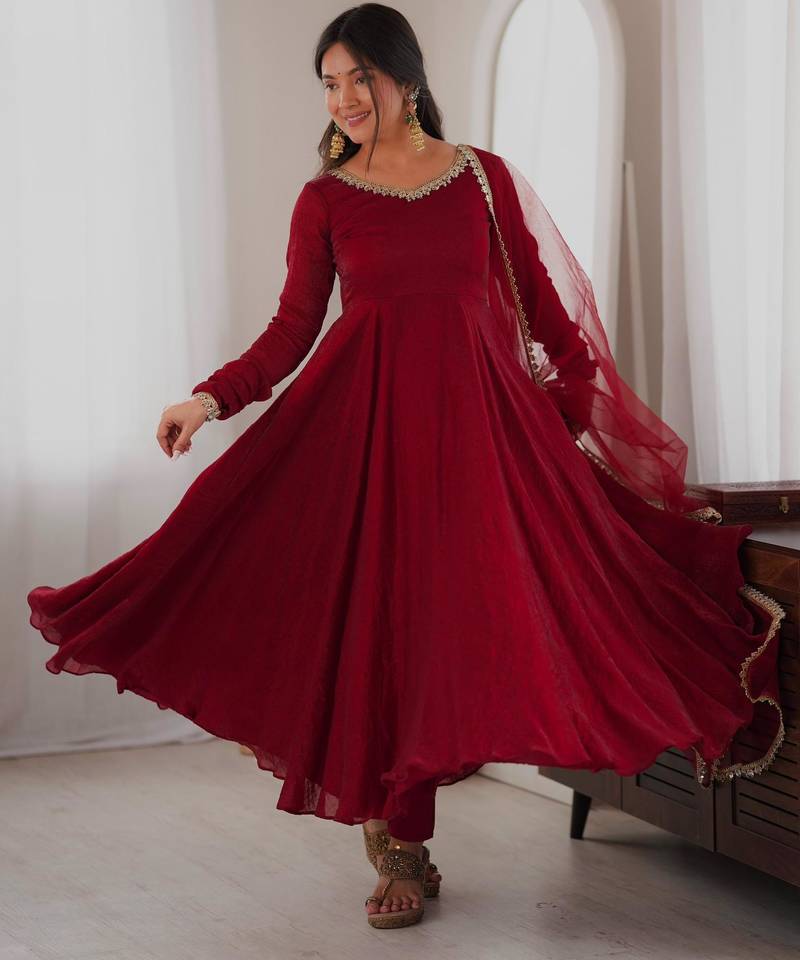 Maroon silk blend mirror work flared gown set