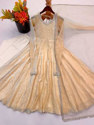 Cream silk blend mirror work flared gown set 2