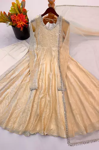 Cream silk blend mirror work flared gown set