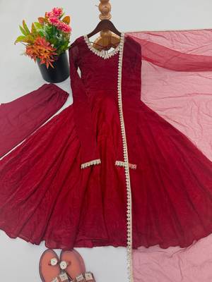 Maroon silk blend mirror work flared gown set 2