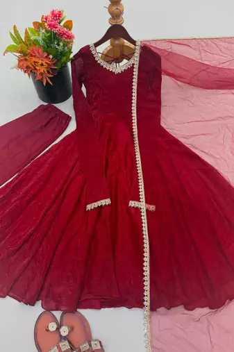 Maroon silk blend mirror work flared gown set