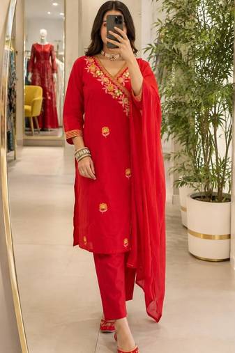 Red cotton poly embroidered kurta set