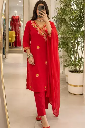 Red cotton poly embroidered kurta set